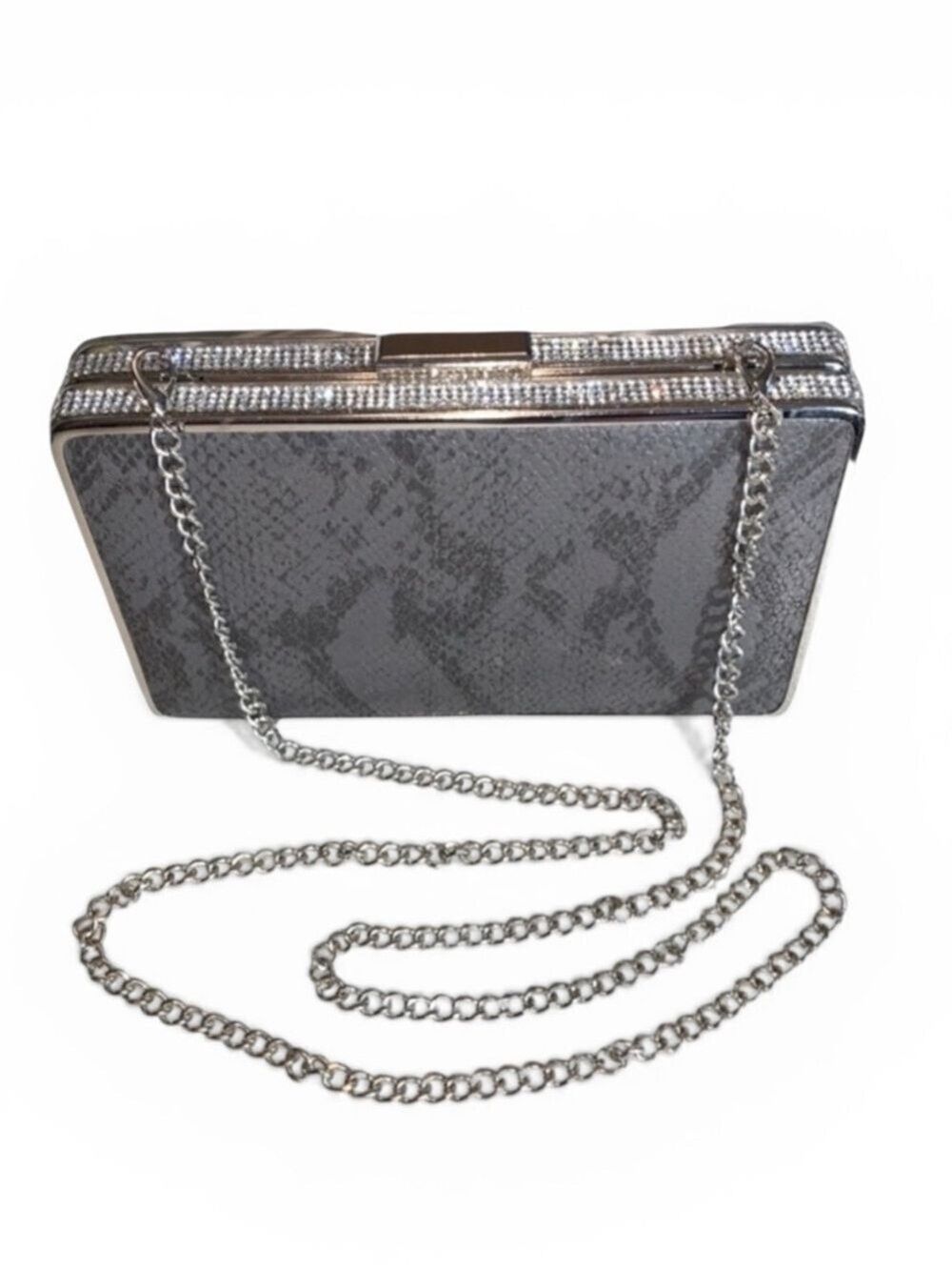 Starlet Silver and Gray Clutch Snake Print with Rhinestones and Crossbody Chain
